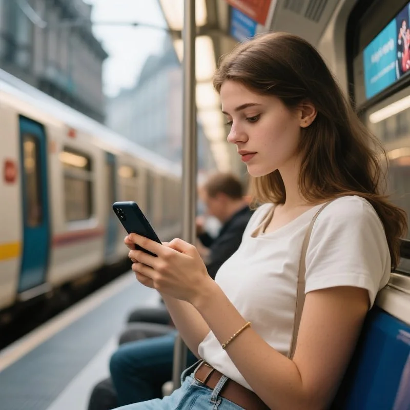 一位年轻女性在地铁上用智能手机浏览欧陆移动端娱乐内容，背景为都市通勤场景，画面生动自然