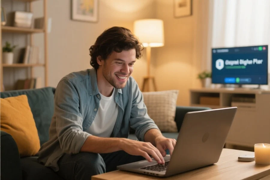 一位安心的用户在家中通过笔记本电脑安全访问数字娱乐平台，环境温馨，有安全感