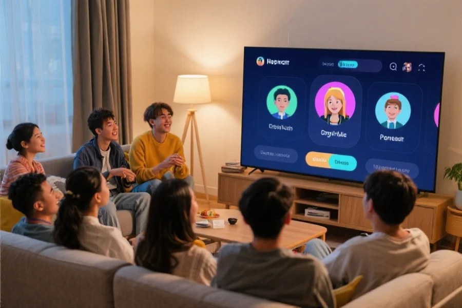 多位年轻人在家中舒适环境下，围绕大屏幕互动娱乐，界面显示用户自定义头像和昵称