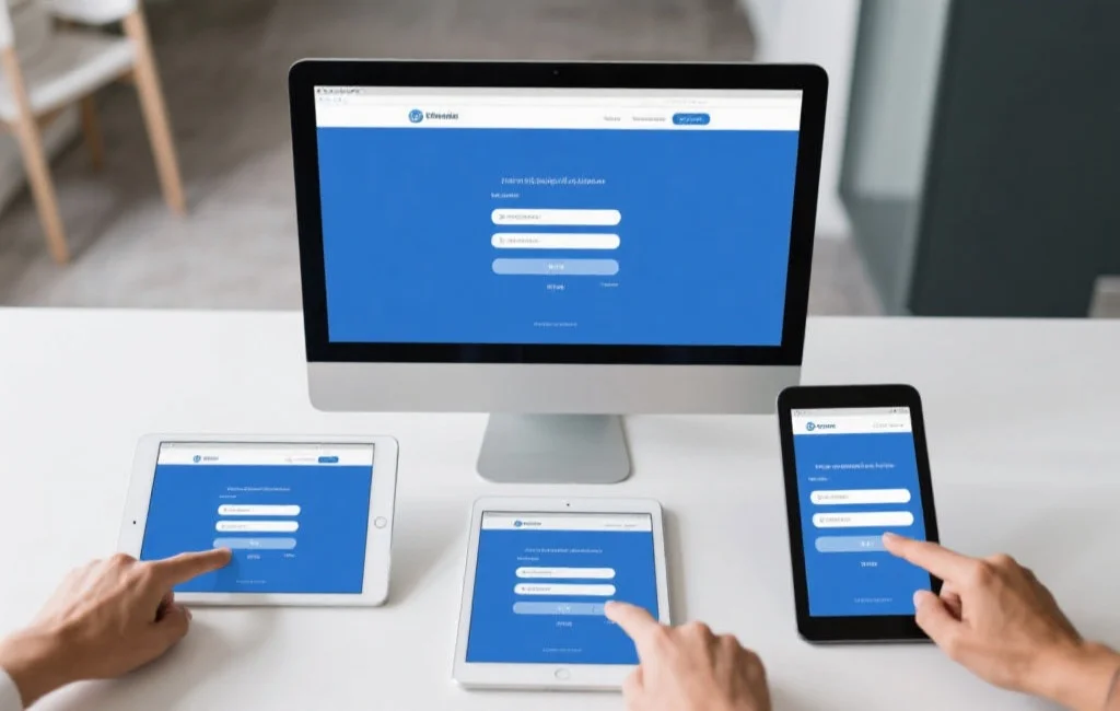 桌面电脑、平板电脑和智能手机同时显示登录界面，用户正在尝试不同设备登录网站